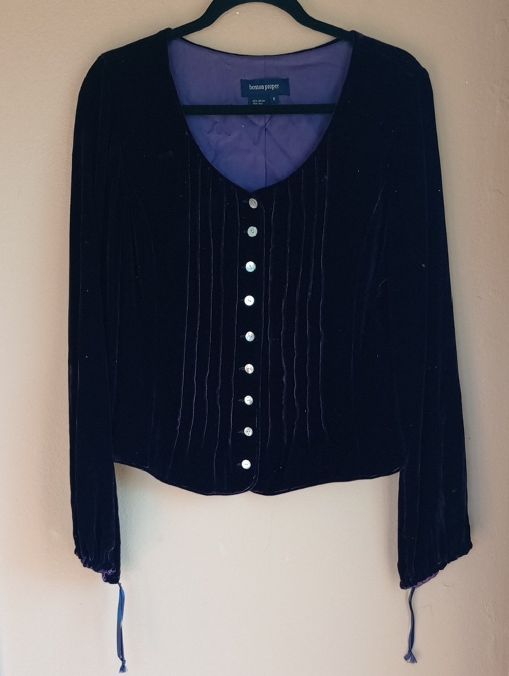 Boston Proper Silk Blend Velvet Victorian Button Front Purple Blouse Size 8